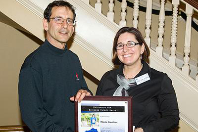 Dr. Nicole Gauthier, Extension Assistant Professor,  received the 2015 Outstanding New Extension Faculty Award at the 2015 KASEP (Kentucky Association of State Extension Professionals) Awards Program on April 7, 2015 at Spindletop Hall in Lexington, Kentucky. Pictured also is Dr. Paul Vincelli, Extension Professor, who nominated her for this award. (Photo: Steve Patton, UK)