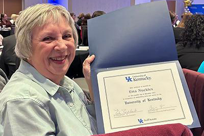 Etta Nuckles, Agriculture Research Specialist, Sr., received the UK Staff Appreciation Award in December 2023.  Ms. Nuckles, who is the lab technician and manager in Dr. Lisa Vaillancourt's lab, was the overall winner out of 500 nominees. Her exemplary service to the Department of Plant Pathology spans over 40 years.